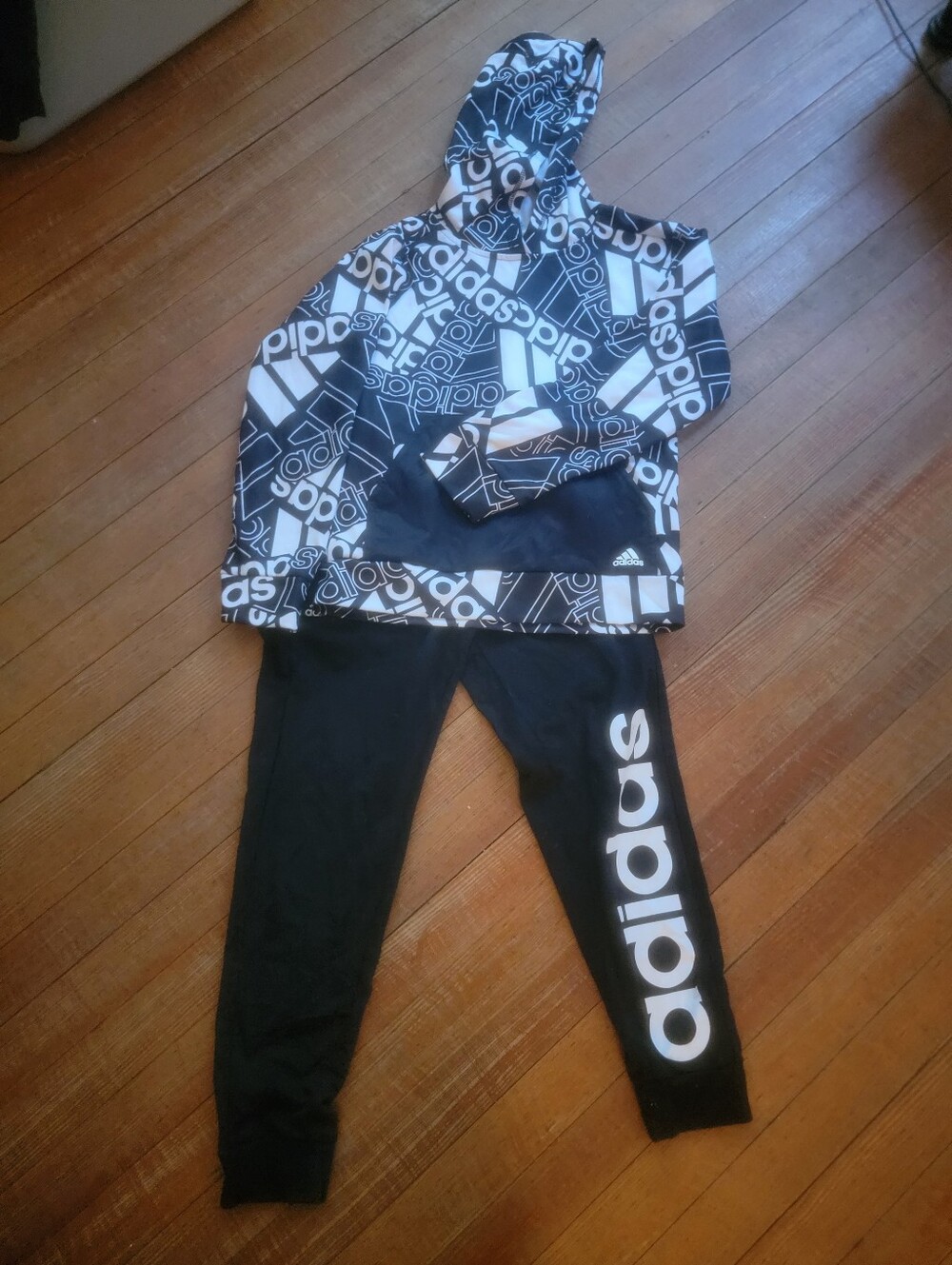 adidas Black & White All-Over Logo Hoodie and Joggers Kids 10/12 Set